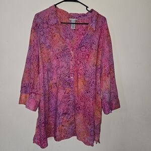Catherines Lightweight Tropical Floral Pink Button-Up Bright Fun Summer Size 3x